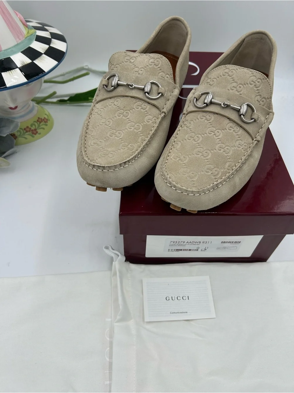 Men's Gucci GG embossed oatmeal suede driver loafers size 11 fits 12 US